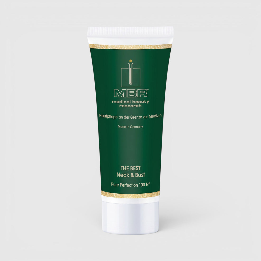 Shop Rescue Spa MBR THE BEST Neck &amp; Bust firming cream in a dark green squeeze tube with gold accents.