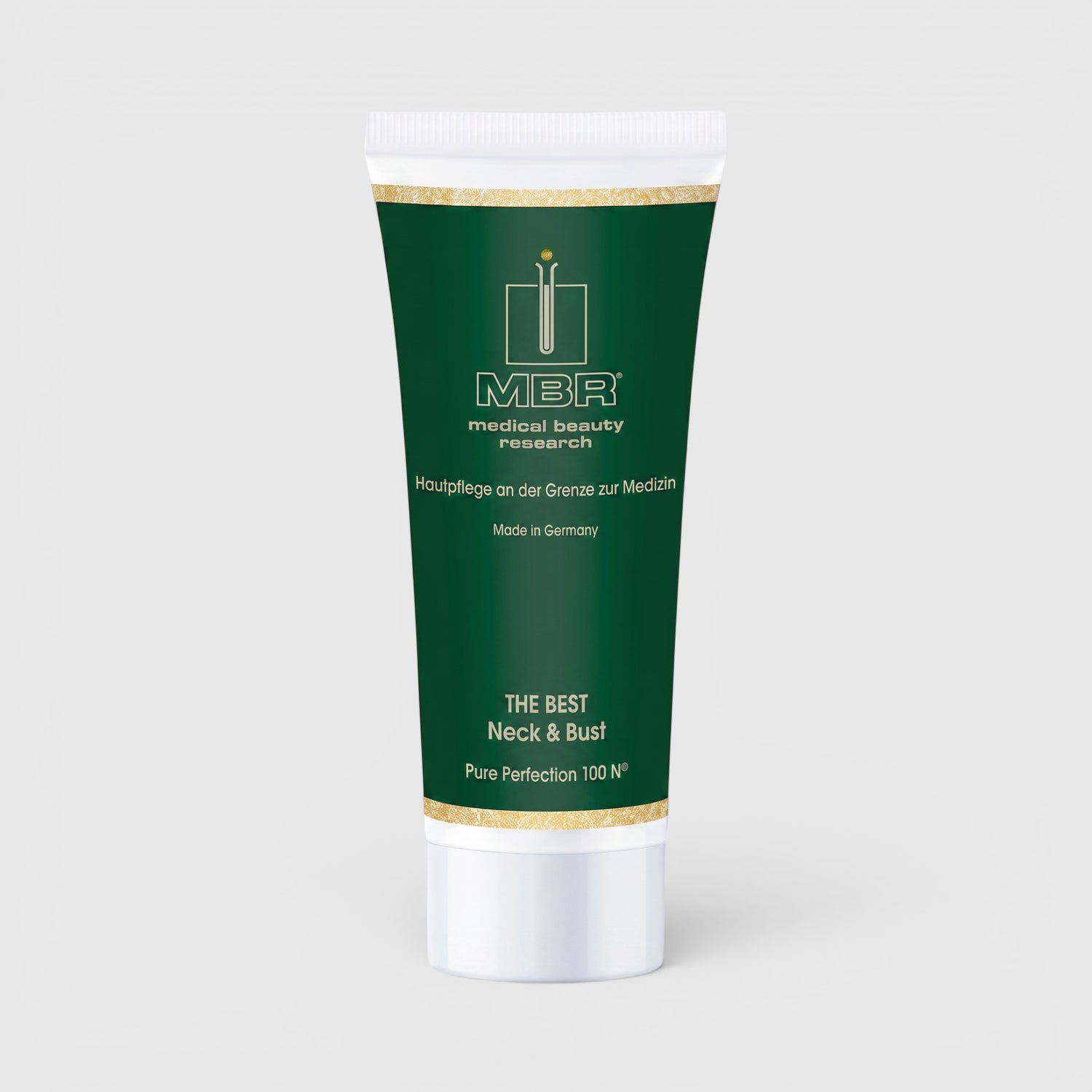 Shop Rescue Spa MBR THE BEST Neck &amp; Bust firming cream in a dark green squeeze tube with gold accents.