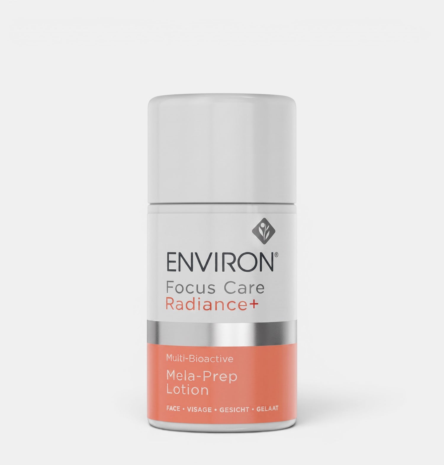 Shop Rescue Spa Environ Focus Care Radiance+ Multi-Bioactive Mela-Prep Lotion in a white and orange 60ml bottle.