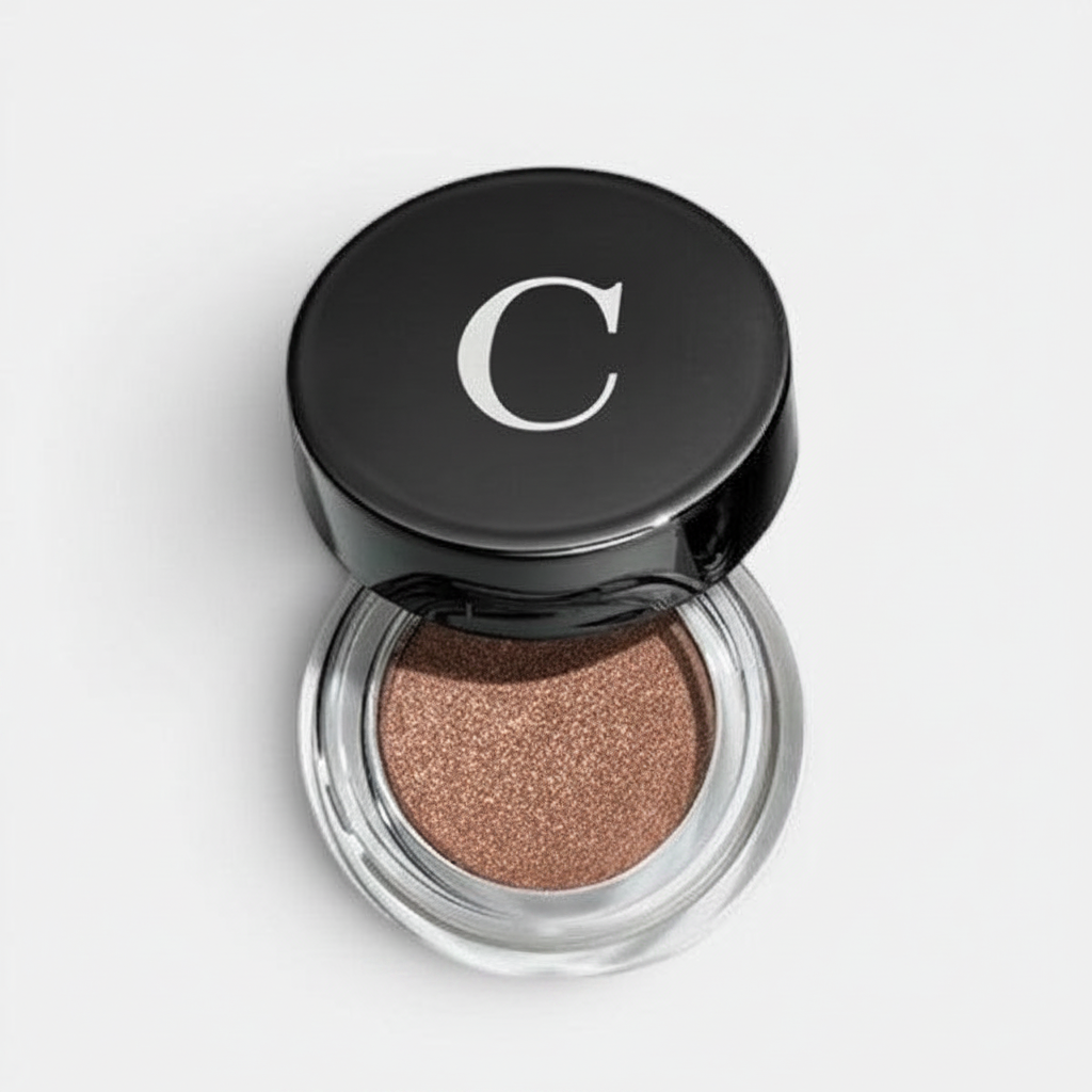 Shop Rescue Spa Mermaid Eye Matte eyeshadow in a bronze shade with a velvet finish in a glass pot with black lid.