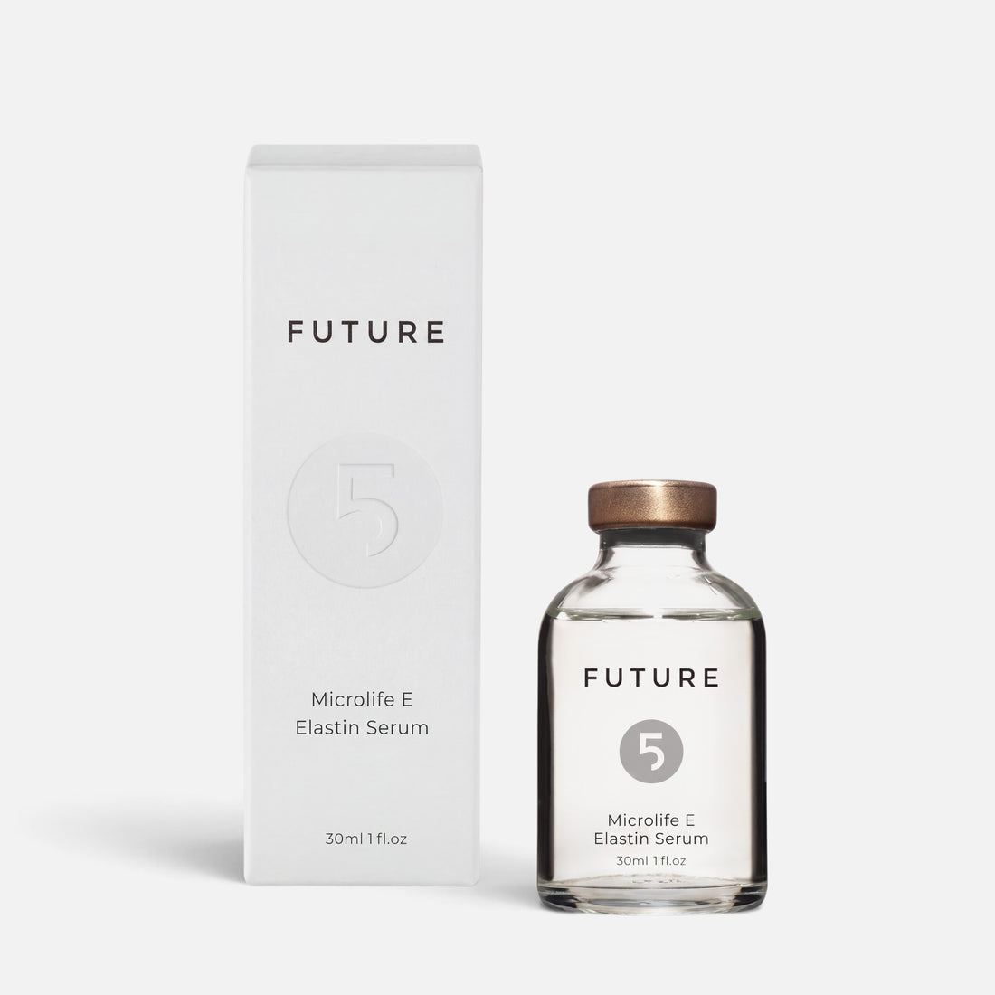 Shop Rescue Spa Future 5 Elements Microlife E Elastin Serum bottle and white box packaging for anti-aging skincare.