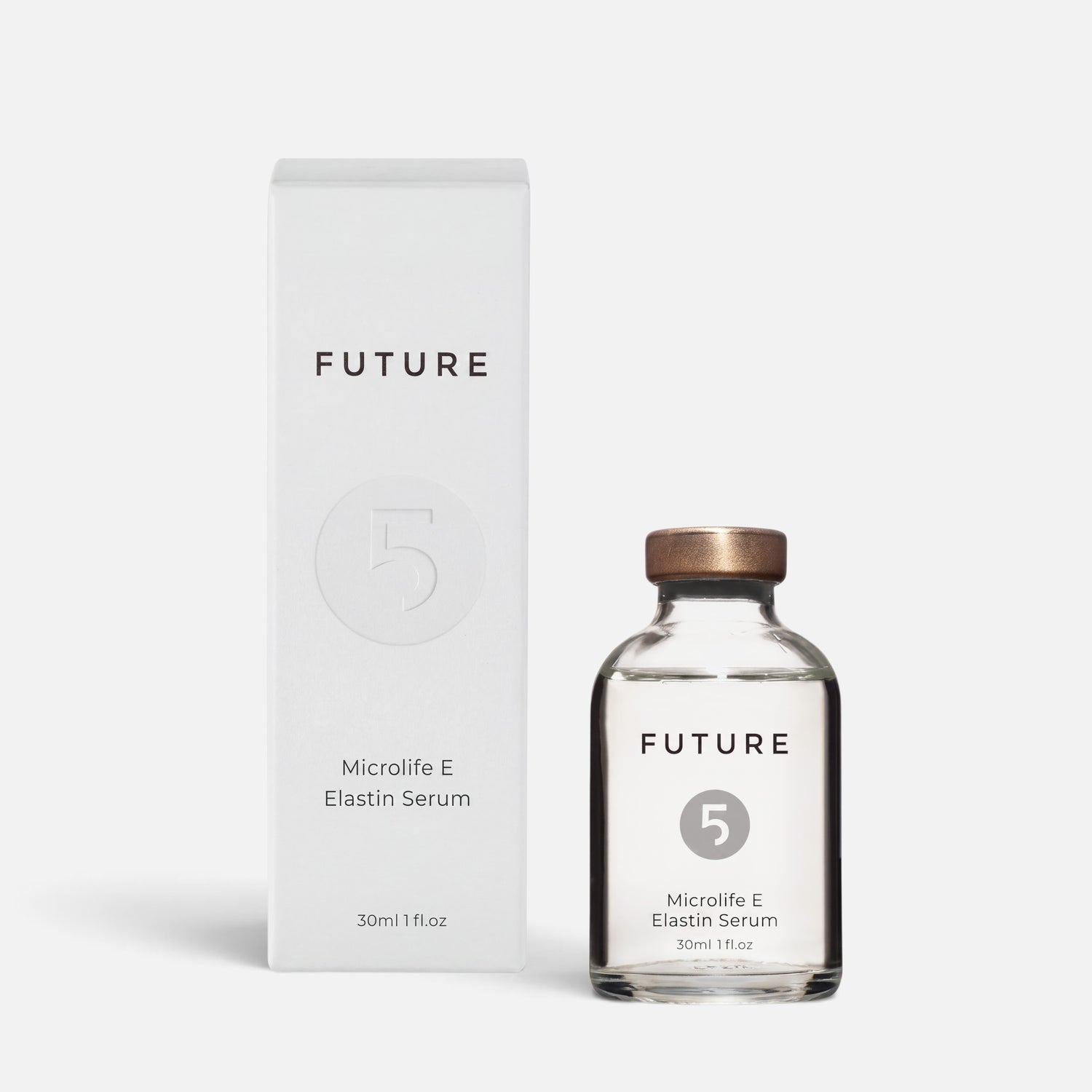 Shop Rescue Spa Future 5 Elements Microlife E Elastin Serum bottle and white box packaging for anti-aging skincare.