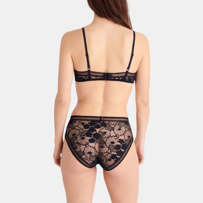 Shop Rescue Spa Miellee black lace briefs with floral pattern and matching bra set viewed from the back