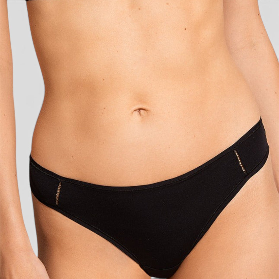 Shop Rescue Spa Mika black recycled polyamide tanga brief with side seam stitching and folded material design