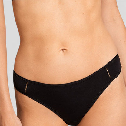 Shop Rescue Spa Mika black recycled polyamide tanga brief with side seam stitching and folded material design