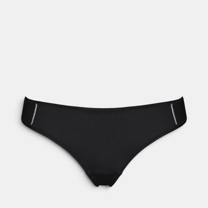 Shop Rescue Spa Mika black recycled polyamide tanga with side seam stitching and mid-back detail