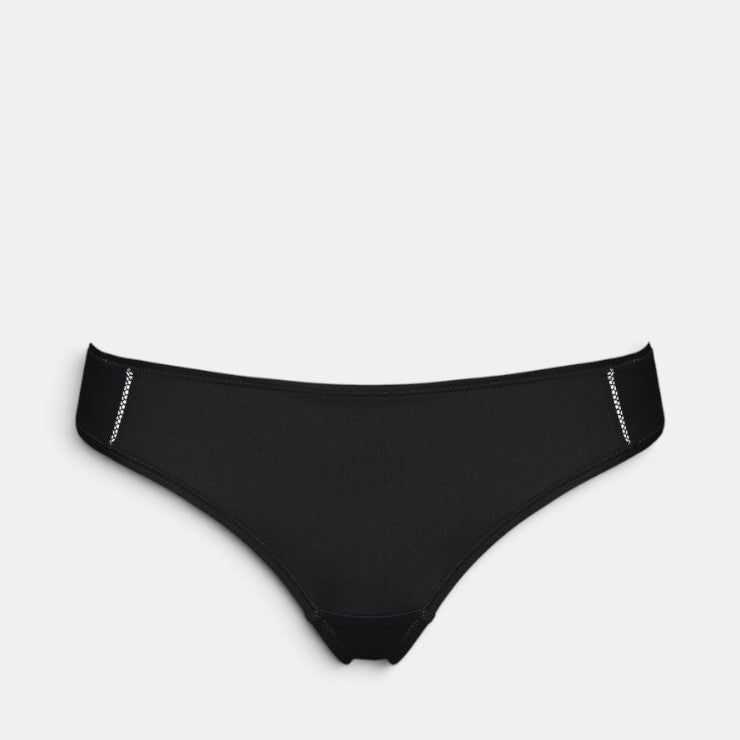 Shop Rescue Spa Mika black recycled polyamide tanga with side seam stitching and mid-back detail