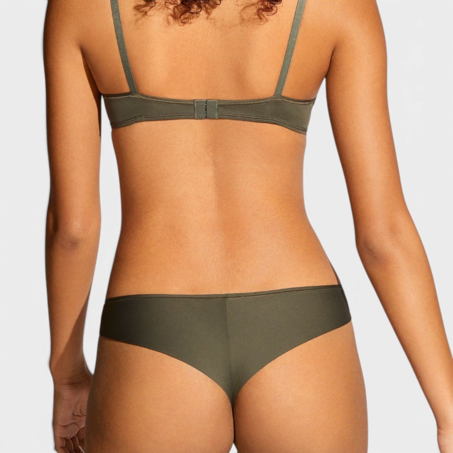 Shop Rescue Spa Mika olive green recycled polyamide tanga brief with mid-back stitching and side seam detailing