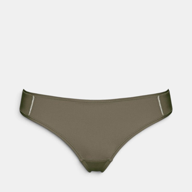 Shop Rescue Spa Mika olive green recycled polyamide tanga with side seam stitching and second skin fit