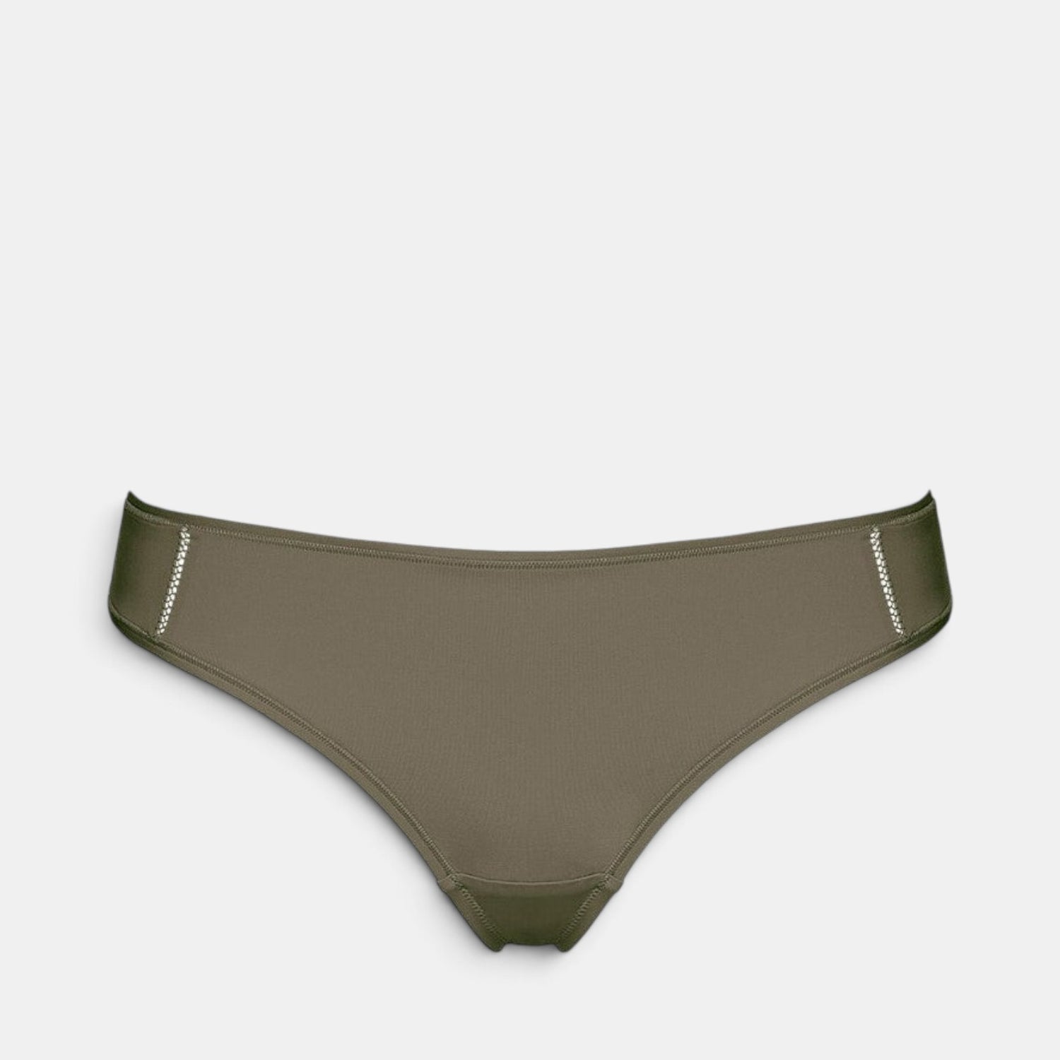 Shop Rescue Spa Mika olive green recycled polyamide tanga with side seam stitching and mid-back detail