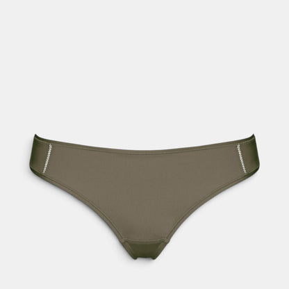 Shop Rescue Spa Mika olive green recycled polyamide tanga with side seam stitching and mid-back detail