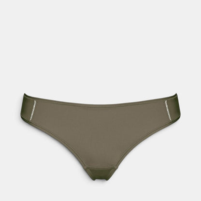 Shop Rescue Spa Mika olive green recycled polyamide tanga with side seam stitching and folded material design