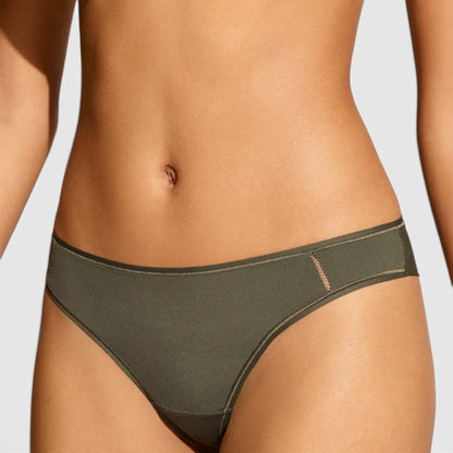 Shop Rescue Spa Mika olive green recycled polyamide tanga with side seam stitching and folded material design
