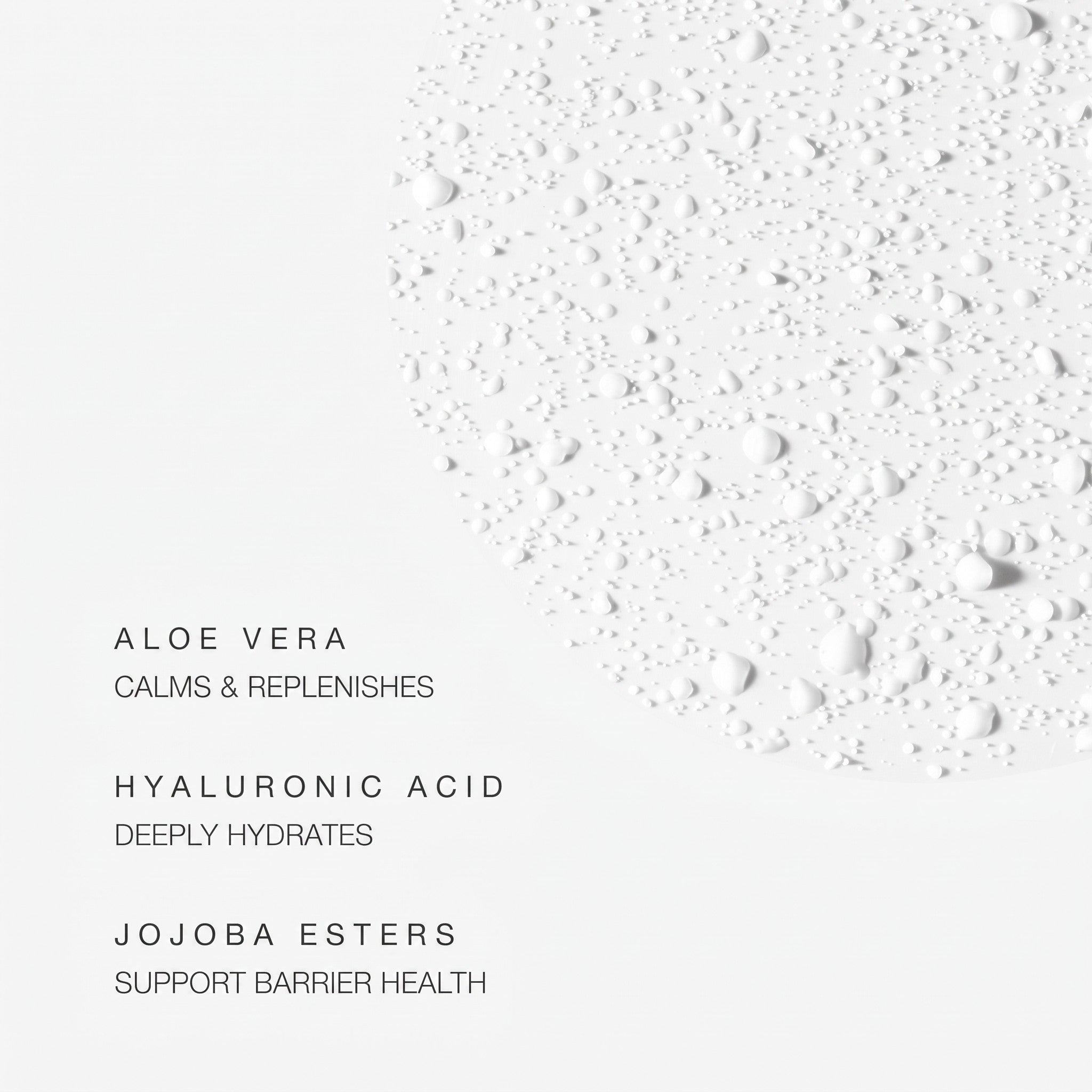 Shop Rescue Spa SPF 50 Mineral Mist texture showing ultra-fine spray droplets with aloe vera, hyaluronic acid, and jojoba