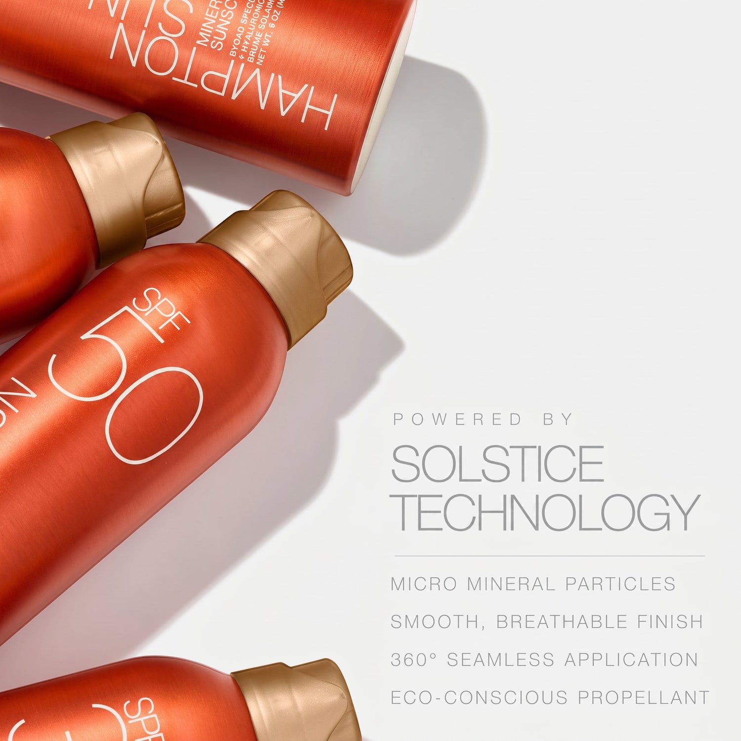 Shop Rescue Spa SPF 50 mineral sunscreen mist bottles in orange packaging with gold caps on a white background.