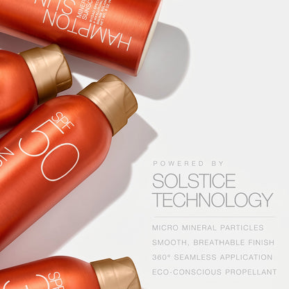 Shop Rescue Spa SPF 50 mineral sunscreen mist bottles in orange packaging with gold caps on a white background.