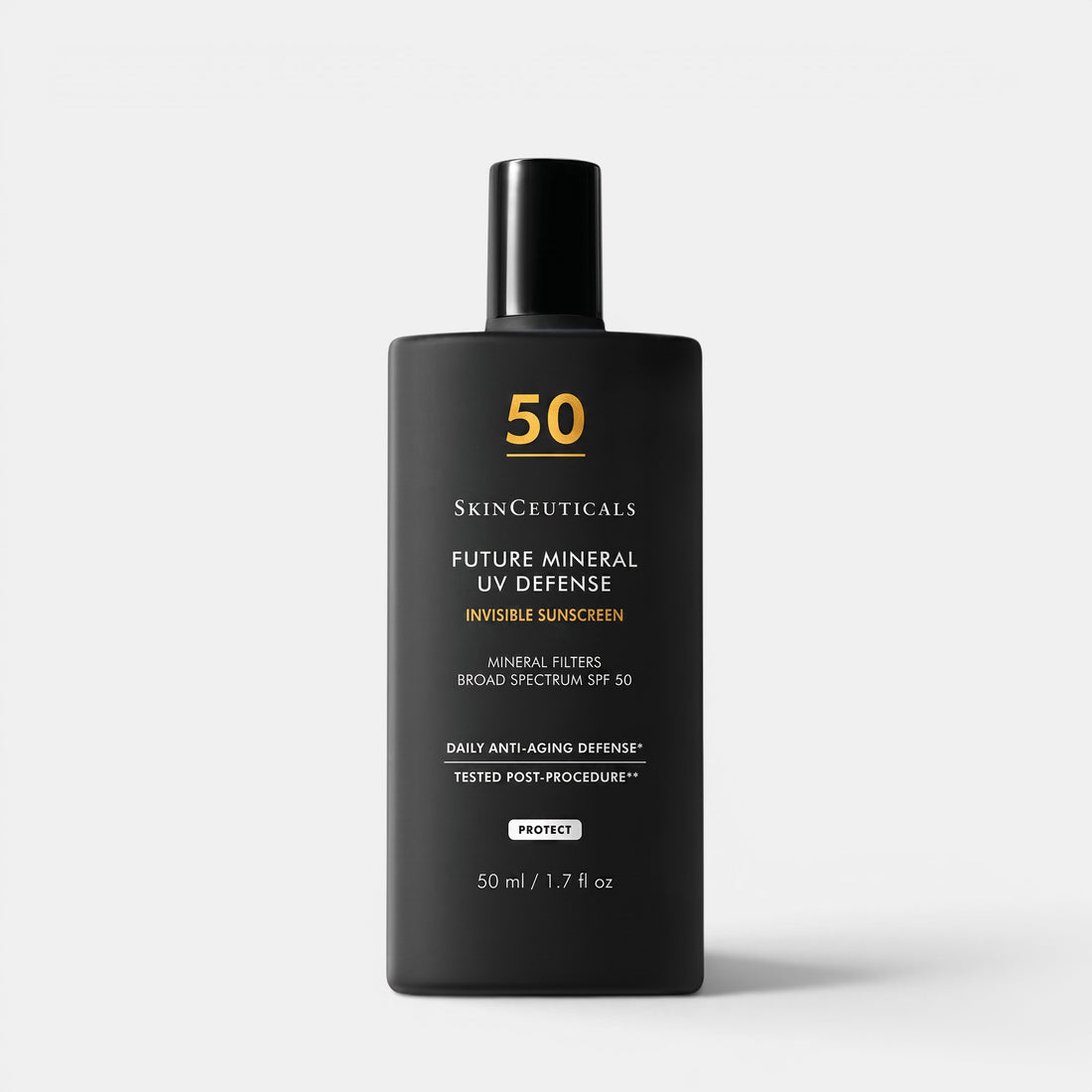 Shop Rescue Spa Future Mineral UV Defense SPF 50 sunscreen in a black 50ml bottle for daily anti-aging protection.