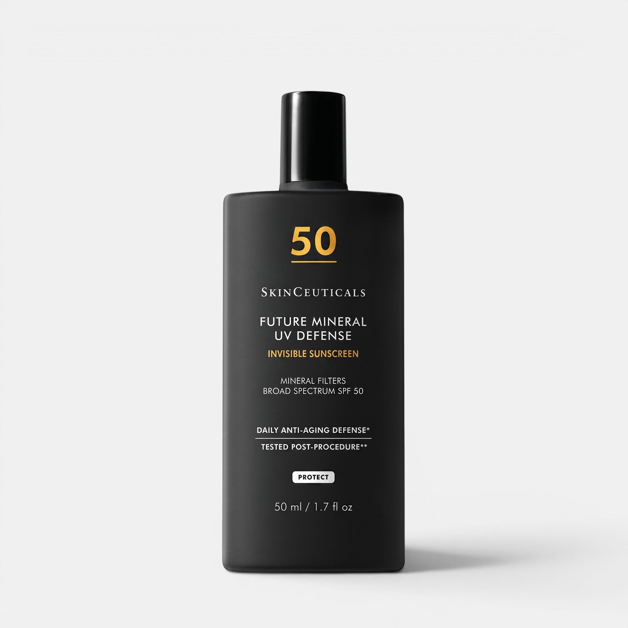 Shop Rescue Spa Future Mineral UV Defense SPF 50 sunscreen in a black 50ml bottle for daily anti-aging protection.