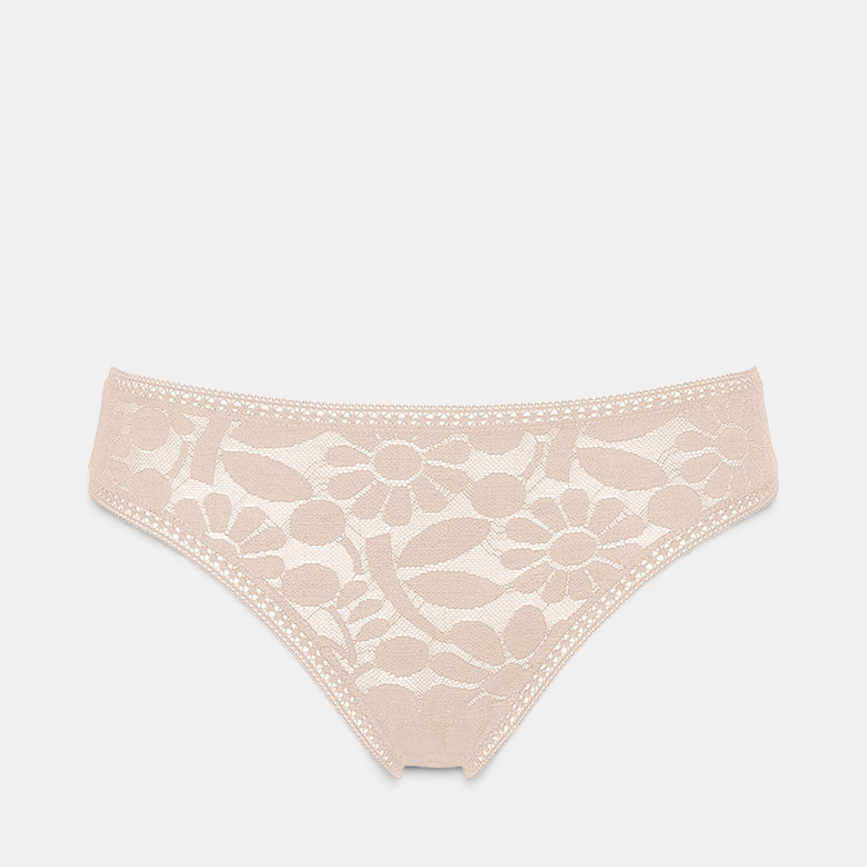 Shop Rescue Spa MINI beige lace tanga with floral pattern and delicate trim on the waistband and leg openings