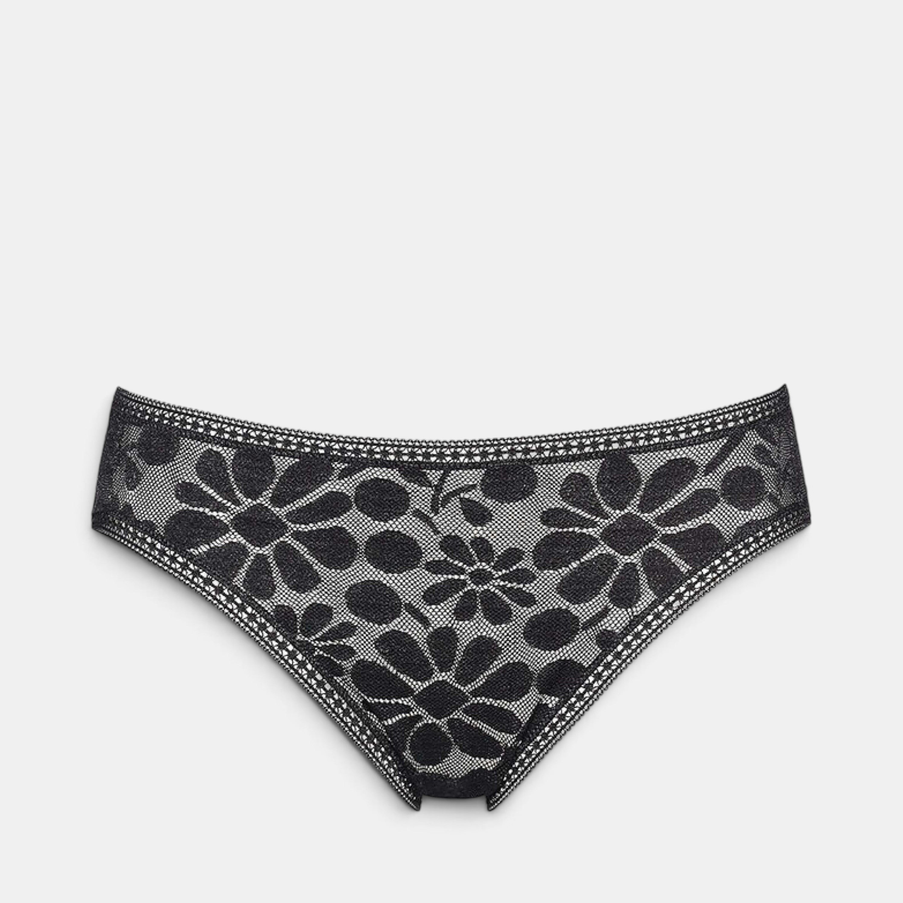 Shop Rescue Spa MINI black floral lace tanga panty with decorative trim on the waistband and leg openings.