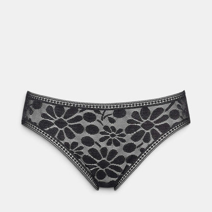 Shop Rescue Spa MINI black floral lace tanga panty with decorative trim on the waistband and leg openings.