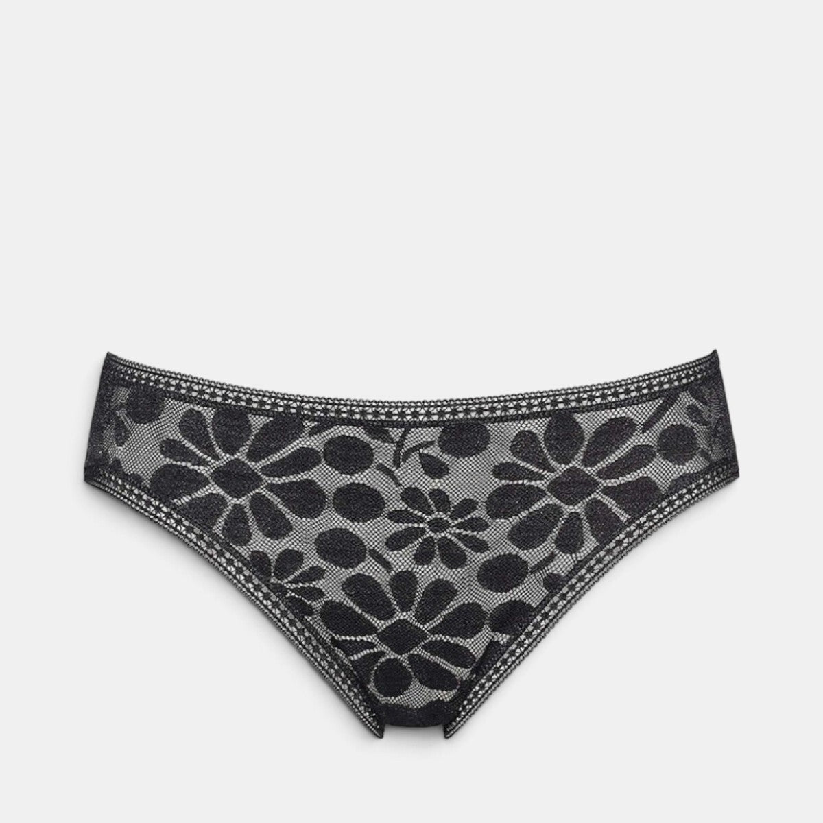 Shop Rescue Spa MINI black lace tanga panty with floral pattern and decorative trim on waistband and thighs