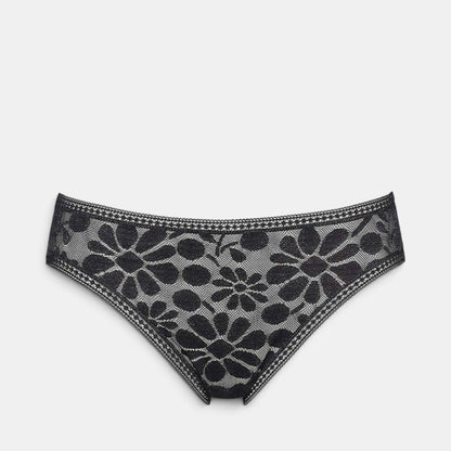 Shop Rescue Spa MINI black lace tanga panty with floral pattern and decorative trim on waistband and thighs