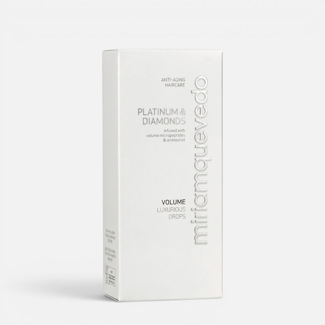 Shop Rescue Spa Miriam Quevedo Platinum &amp; Diamonds Volume Luxurious Drops hair treatment bottle in white packaging.