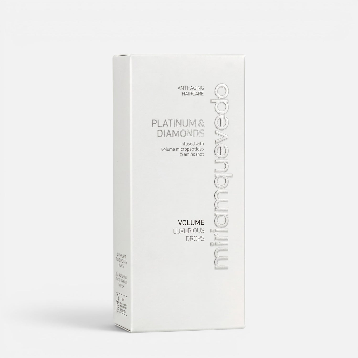 Shop Rescue Spa Miriam Quevedo Platinum &amp; Diamonds Volume Luxurious Drops hair treatment bottle in white packaging.