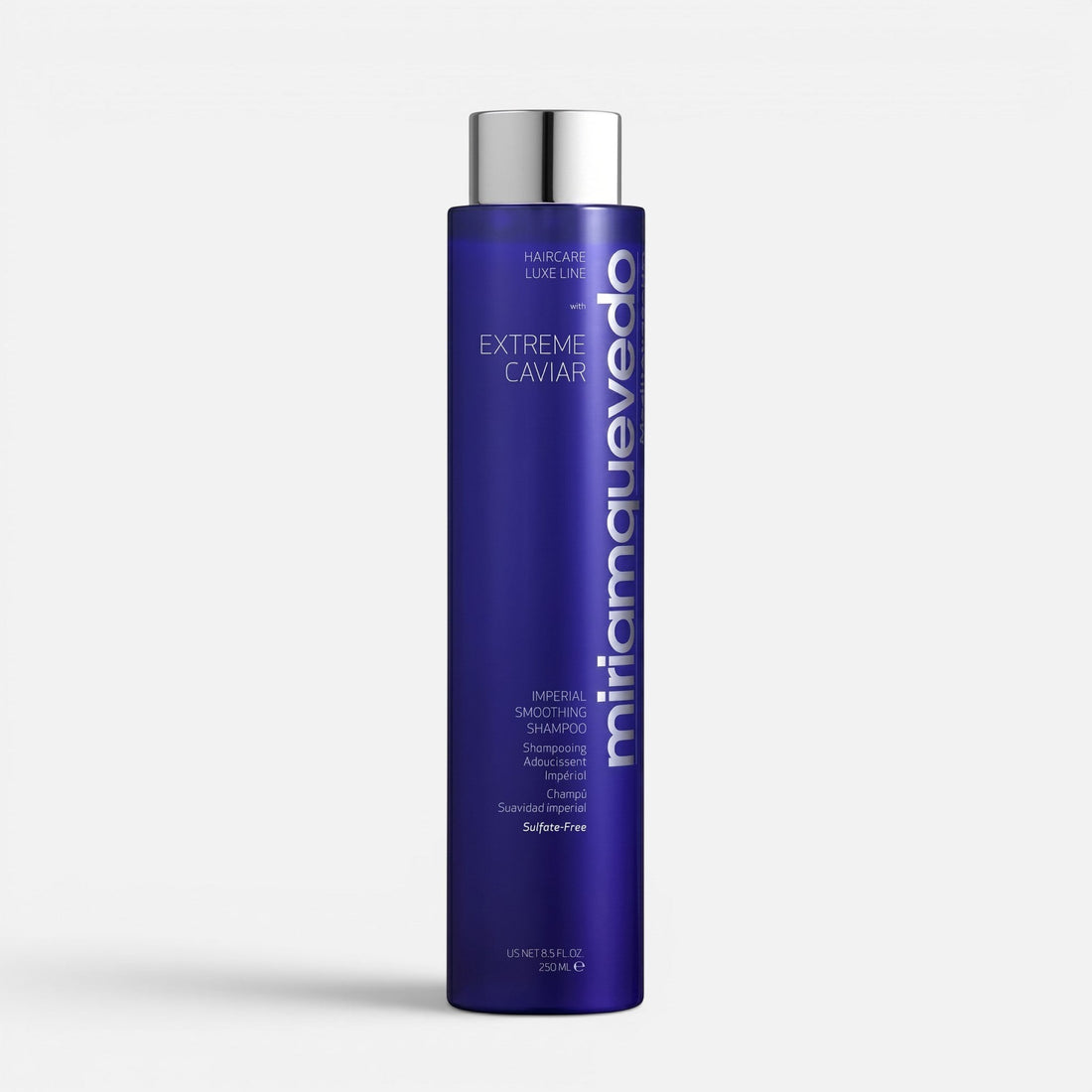 Shop Rescue Spa Miriam Quevedo Extreme Caviar Imperial Smoothing Shampoo in a tall blue bottle with silver cap.