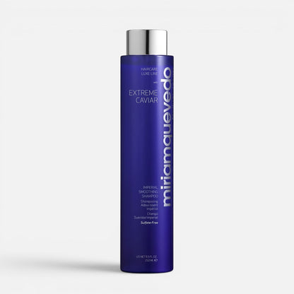 Shop Rescue Spa Miriam Quevedo Extreme Caviar Imperial Smoothing Shampoo in a tall blue bottle with silver cap.