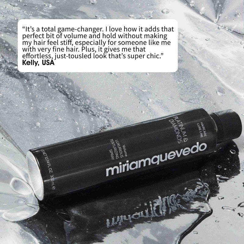 Shop Rescue Spa miriam quevedo Platinum &amp; Diamonds Luxurious Texturizing Spray bottle on a metallic silver background.