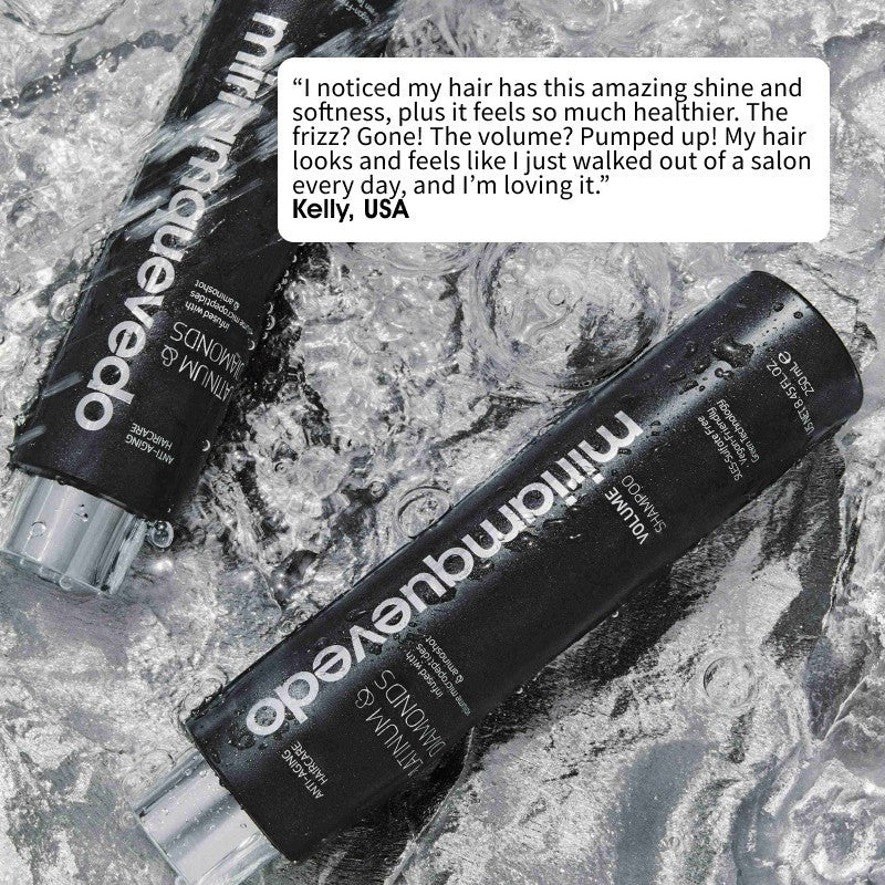 Shop Rescue Spa Miriam Quevedo Platinum and Diamonds Volume Shampoo bottle on a wet, icy surface with a testimonial.