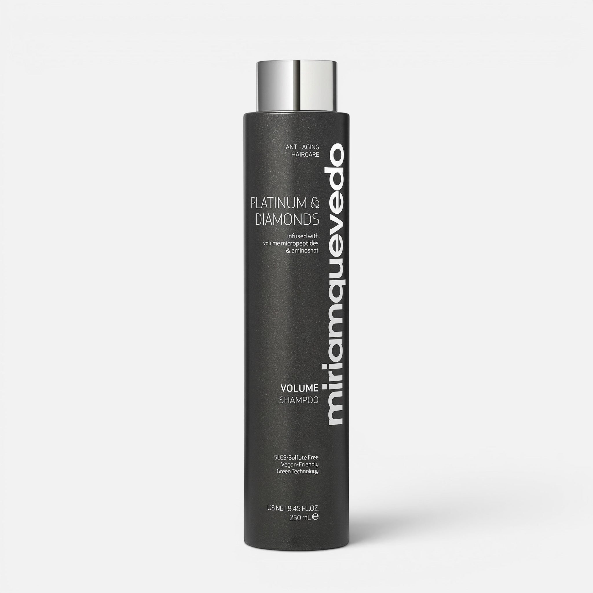 Shop Rescue Spa Miriam Quevedo Platinum &amp; Diamonds volume shampoo bottle in a 250ml size.
