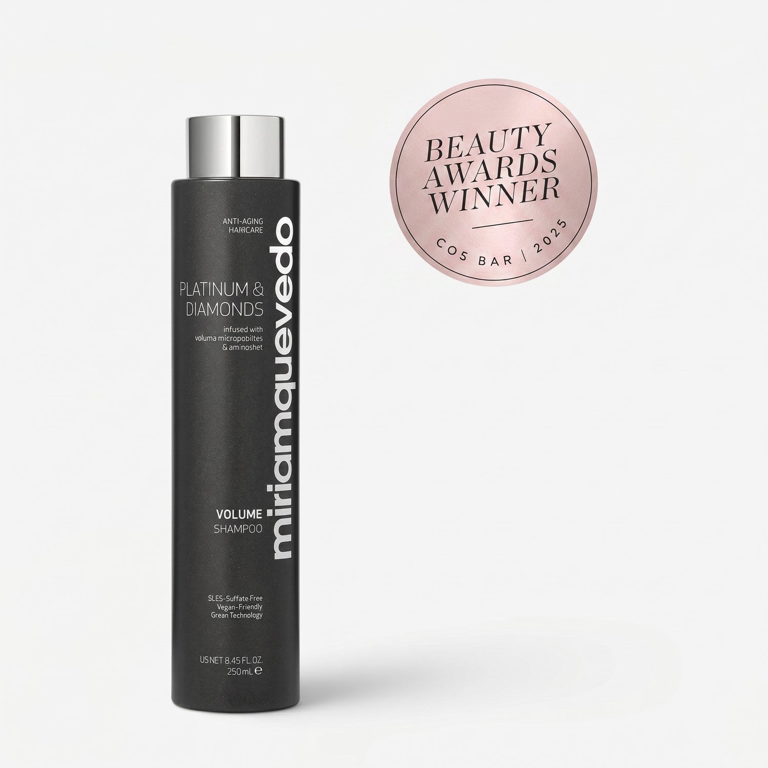 Shop Rescue Spa Miriam Quevedo Platinum &amp; Diamonds volume shampoo bottle with a 2025 Beauty Awards Winner seal.