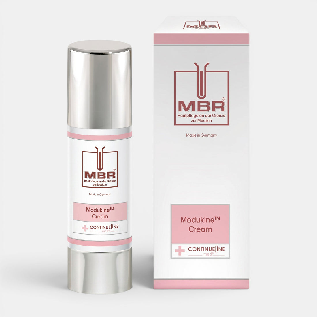 Shop Rescue Spa MBR Modukine Cream in an airless pump bottle with matching white and pink product packaging box.