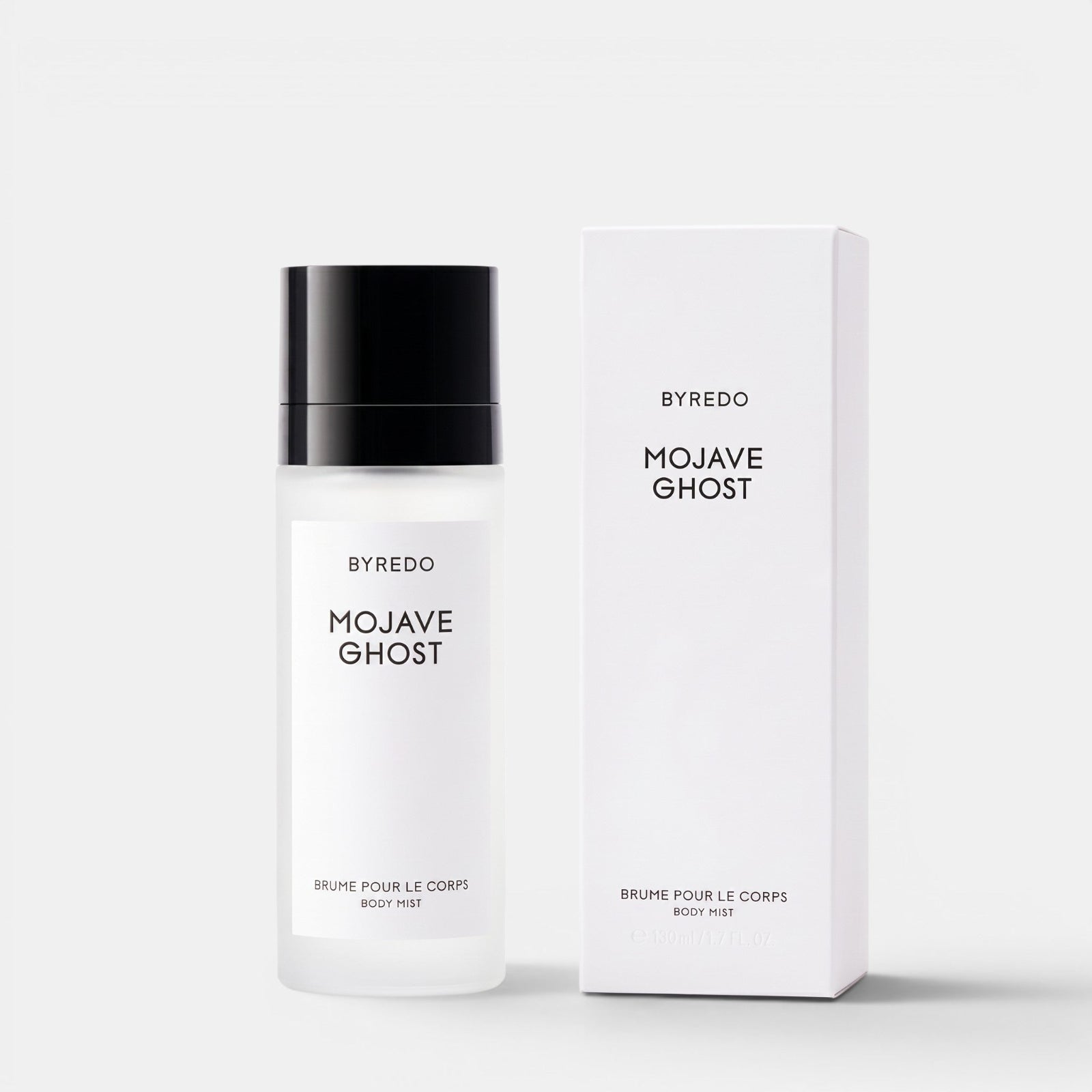 Shop Rescue Spa Byredo Mojave Ghost body mist bottle and white packaging box on a clean white background.