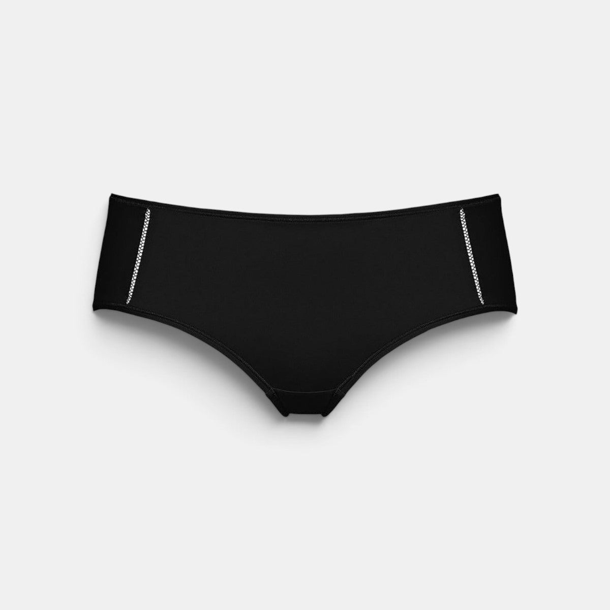 Shop Rescue Spa MONICA low rise black boy shorts in recycled polyamide jersey with decorative side seam stitching