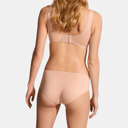Shop Rescue Spa MONICA low rise boy shorts in nude recycled polyamide jersey with side seam stitching, back view
