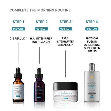 Shop Rescue Spa morning skincare routine featuring C E Ferulic serum, H.A. Intensifier, A.G.E. Interrupter, and sunscreen