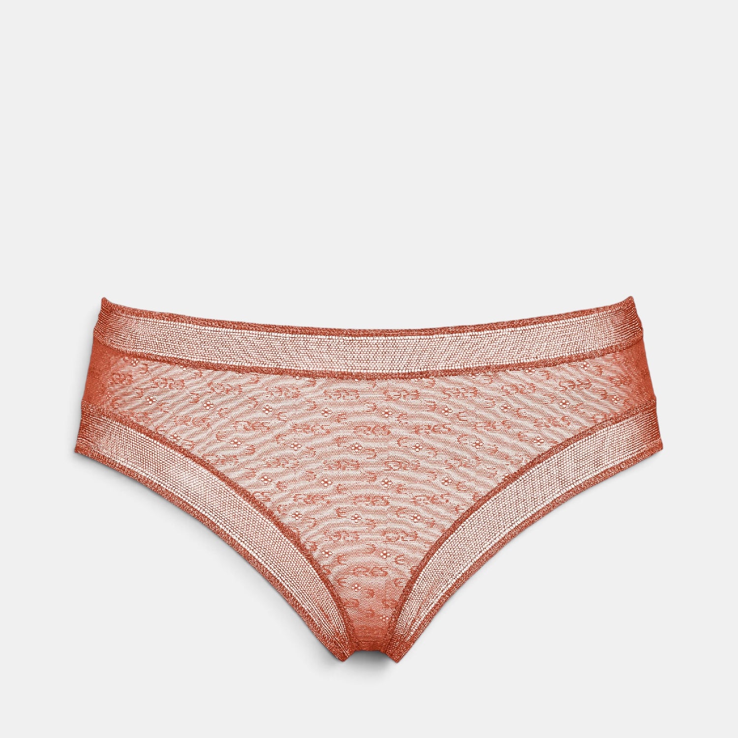 Shop Rescue Spa Morphology briefs in a terracotta lace fabric with detailed trim on the waistband and leg openings.