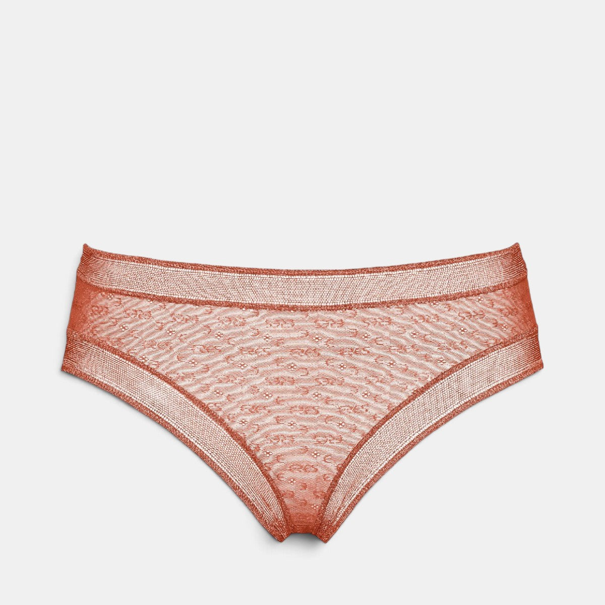Shop Rescue Spa Morphology briefs in a terracotta orange hue featuring a delicate textured lace pattern and trim.