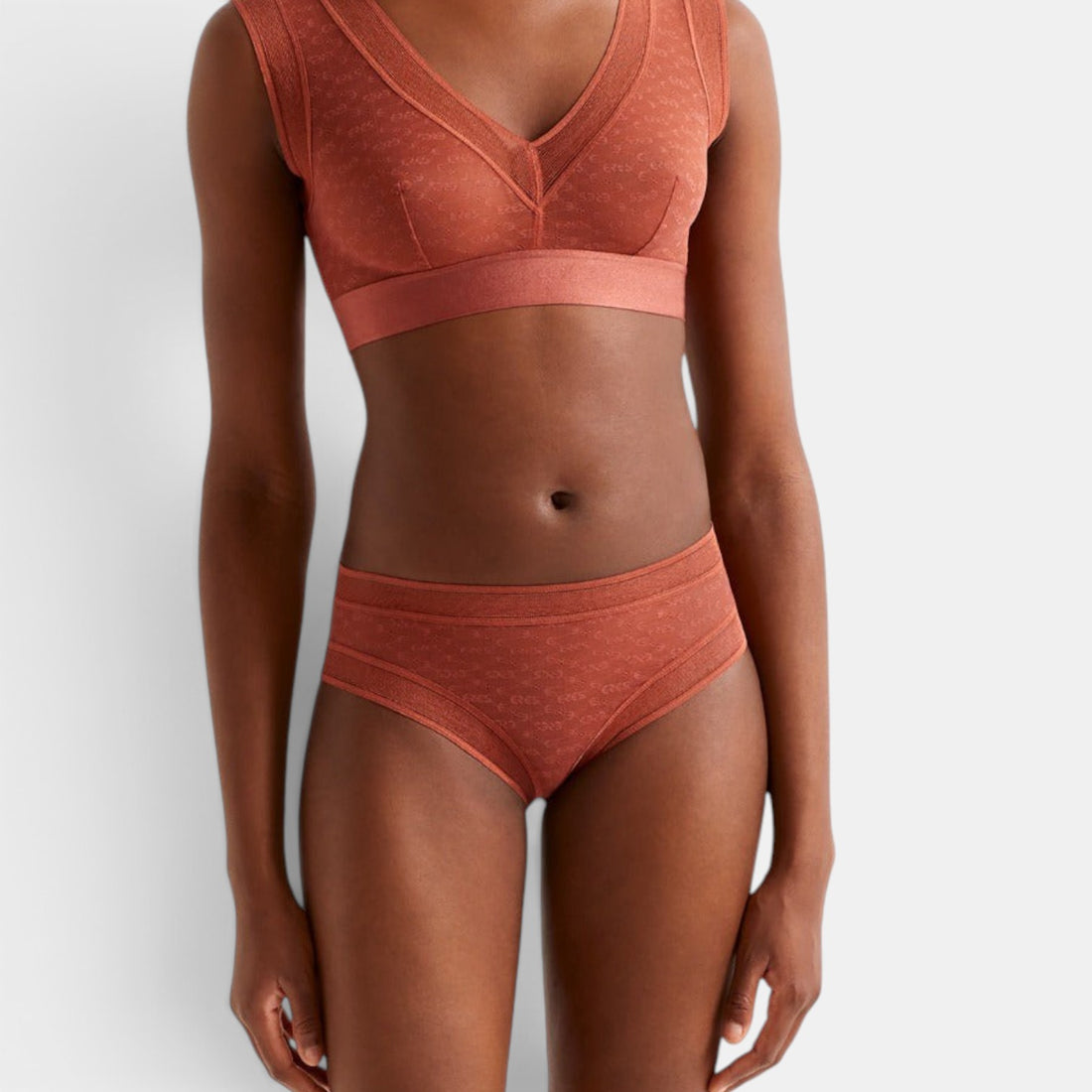 Shop Rescue Spa Morphology terracotta briefs with matching bralette featuring textured fabric and trim detailing.