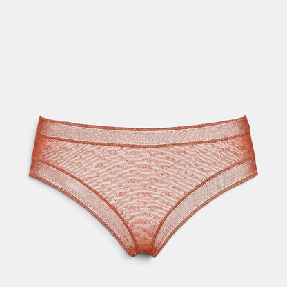 Shop Rescue Spa Morphology briefs in a terracotta lace fabric with detailed trim on the waistband and leg openings.