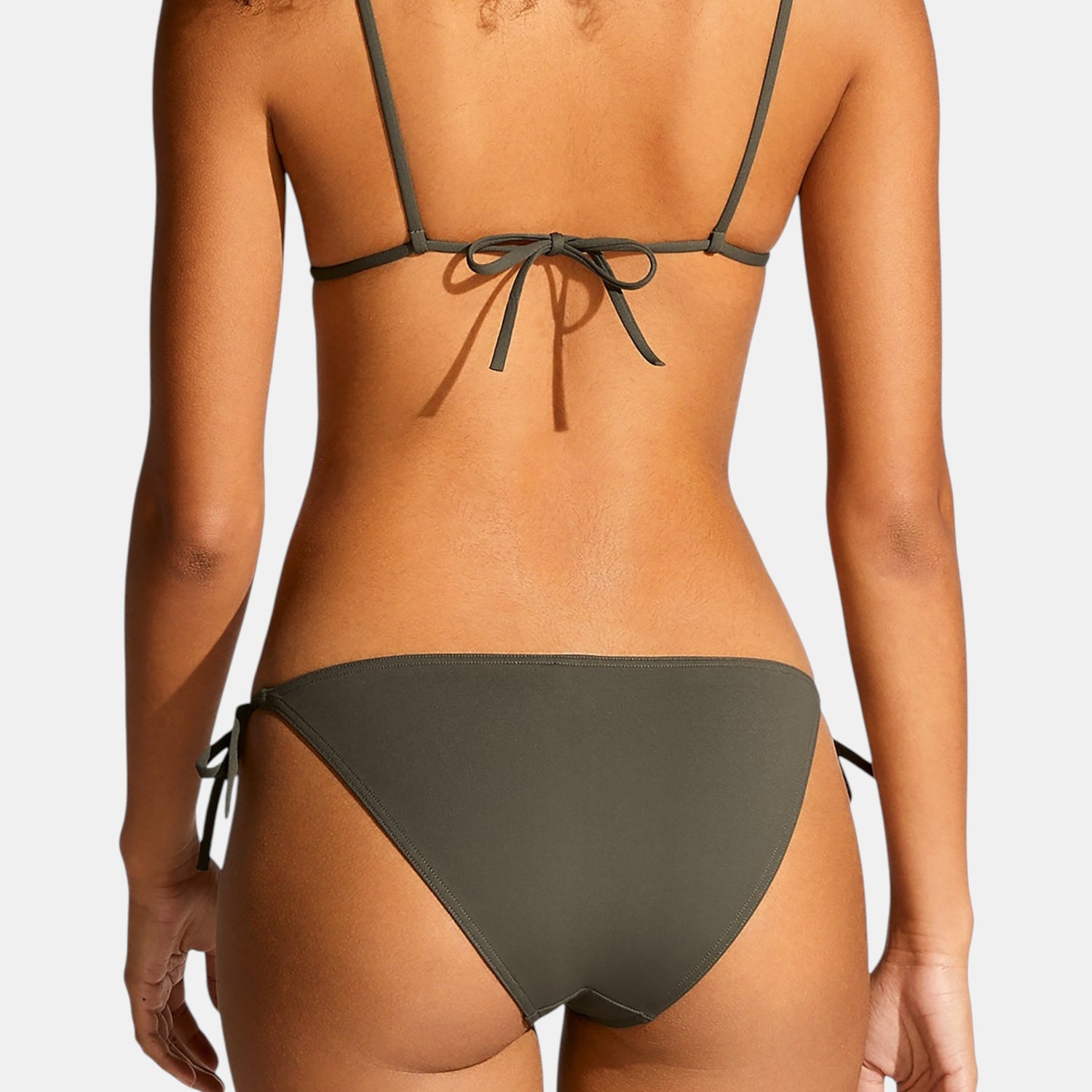 Shop Rescue Spa MOUNA olive green triangle bikini top and matching tie-side bikini bottom, back view.