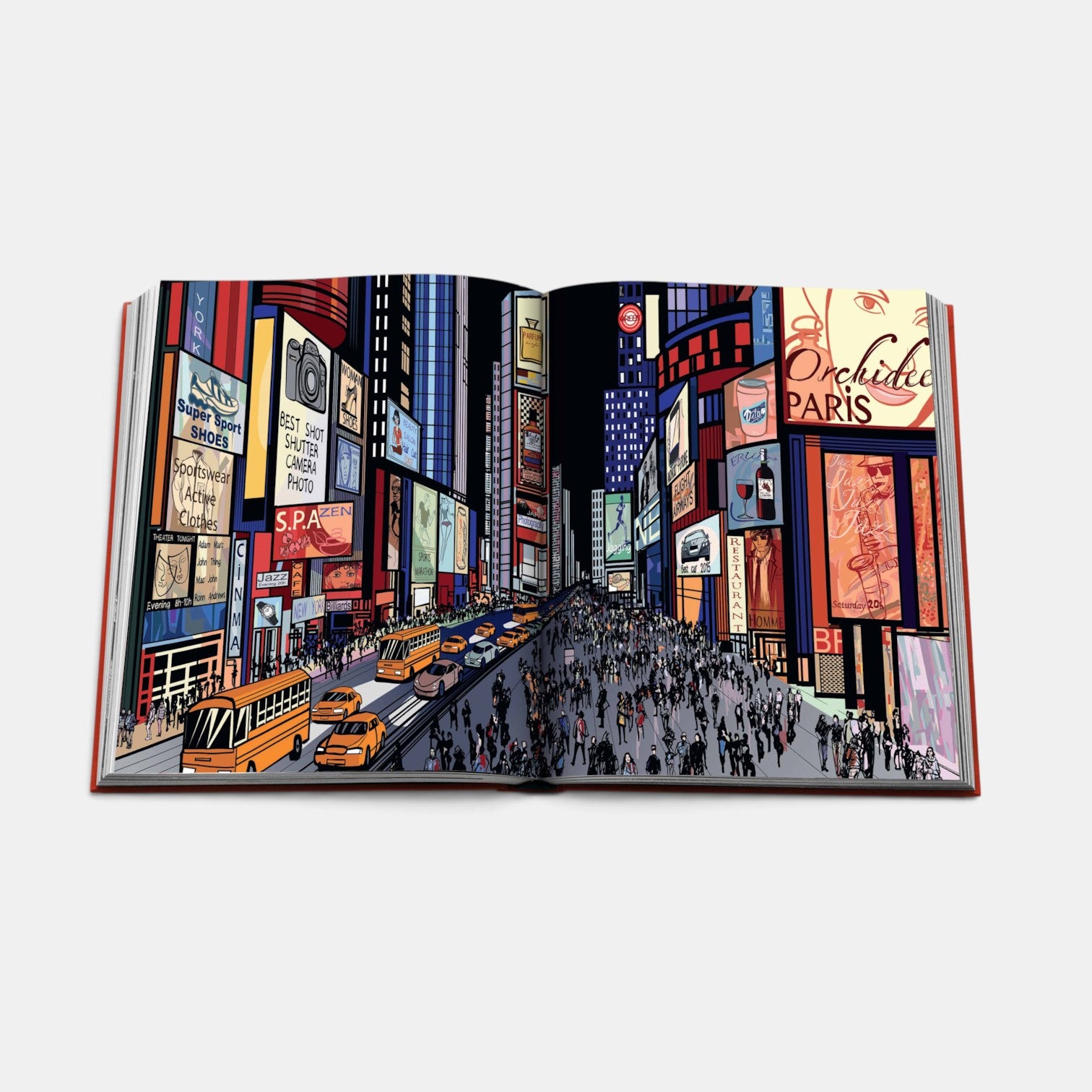 Shop Rescue Spa New York by New York coffee table book open to a vibrant illustration of a busy Times Square street scene