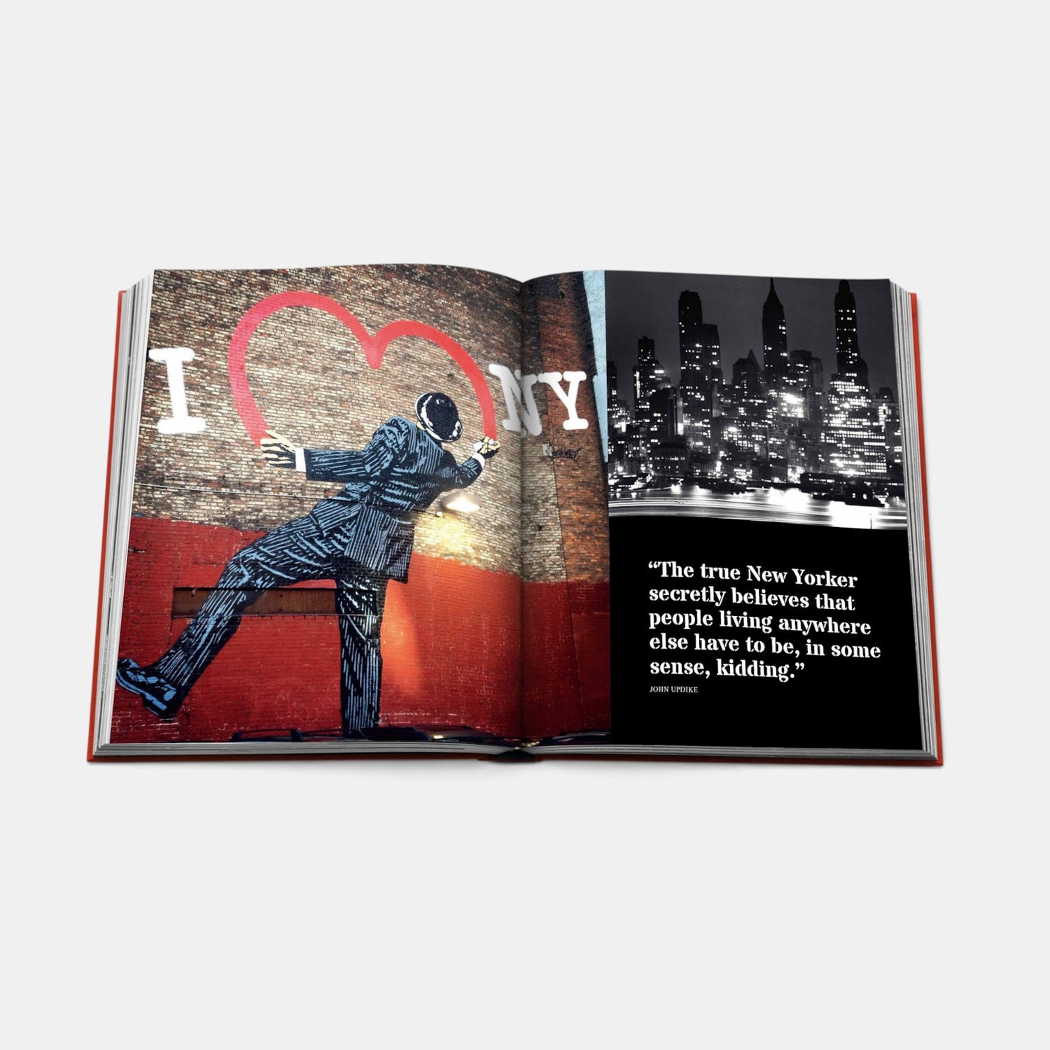 Shop Rescue Spa New York by New York book open to a page featuring I Love NY graffiti art and a city skyline photo.