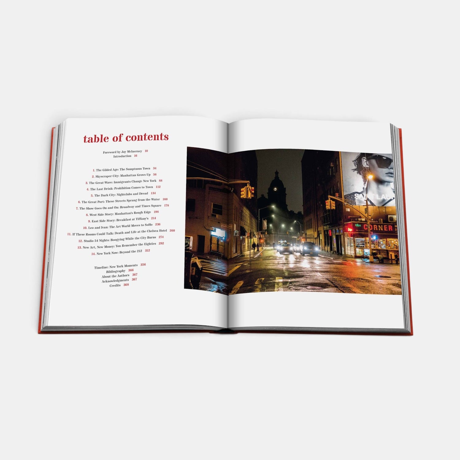 Shop Rescue Spa New York by New York book open to the table of contents page with a night street scene photograph