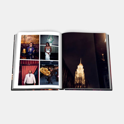 Shop Rescue Spa New York Chic hardcover book open to pages showing vibrant photography of NYC nightlife and architecture