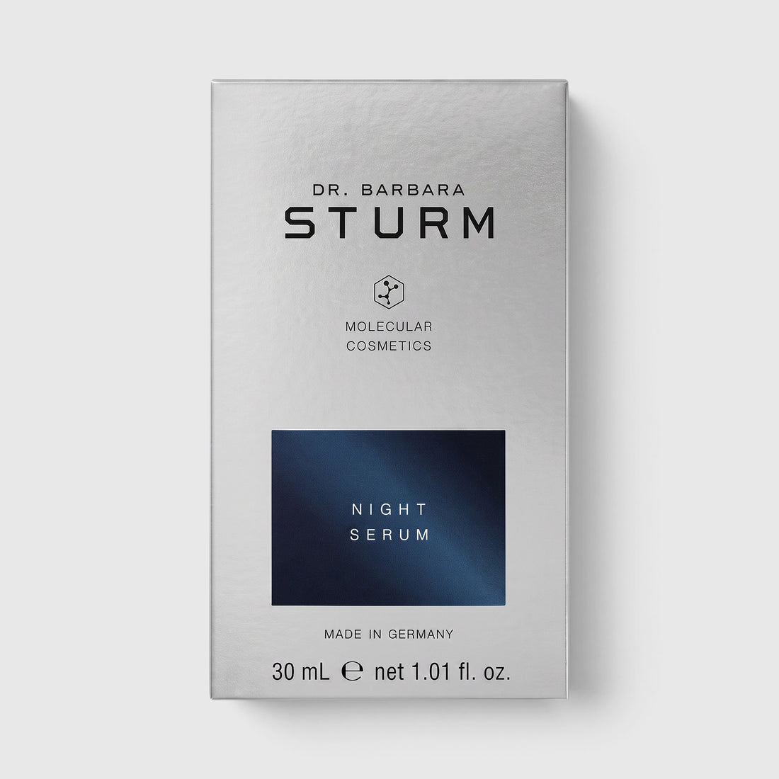 Shop Rescue Spa Dr. Barbara Sturm Night Serum in a silver box with dark blue accent, 30ml anti-aging skincare.